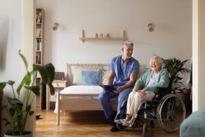 Older adults participate in gentle chair stretching and music therapy in a bright community room.